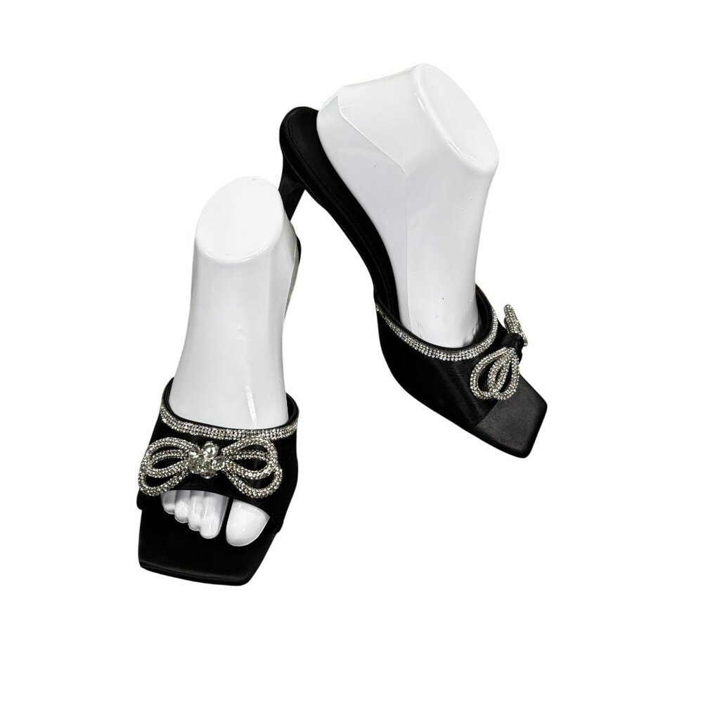 Black Satin Heels With Rhinestone Bow Embellishments & Open Square Toe Design